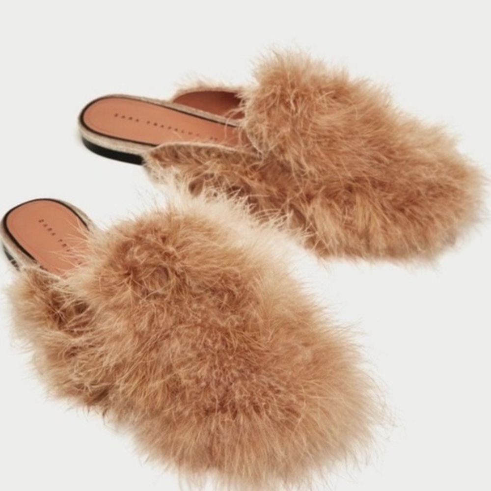 Flat Feather Mules Zara New With Tags